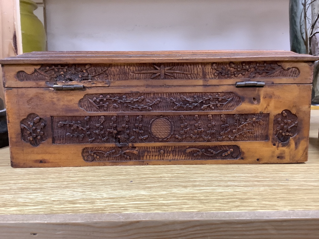 Three 19th century Chinese carved sandalwood boxes, 19th/20th century, longest 30cm